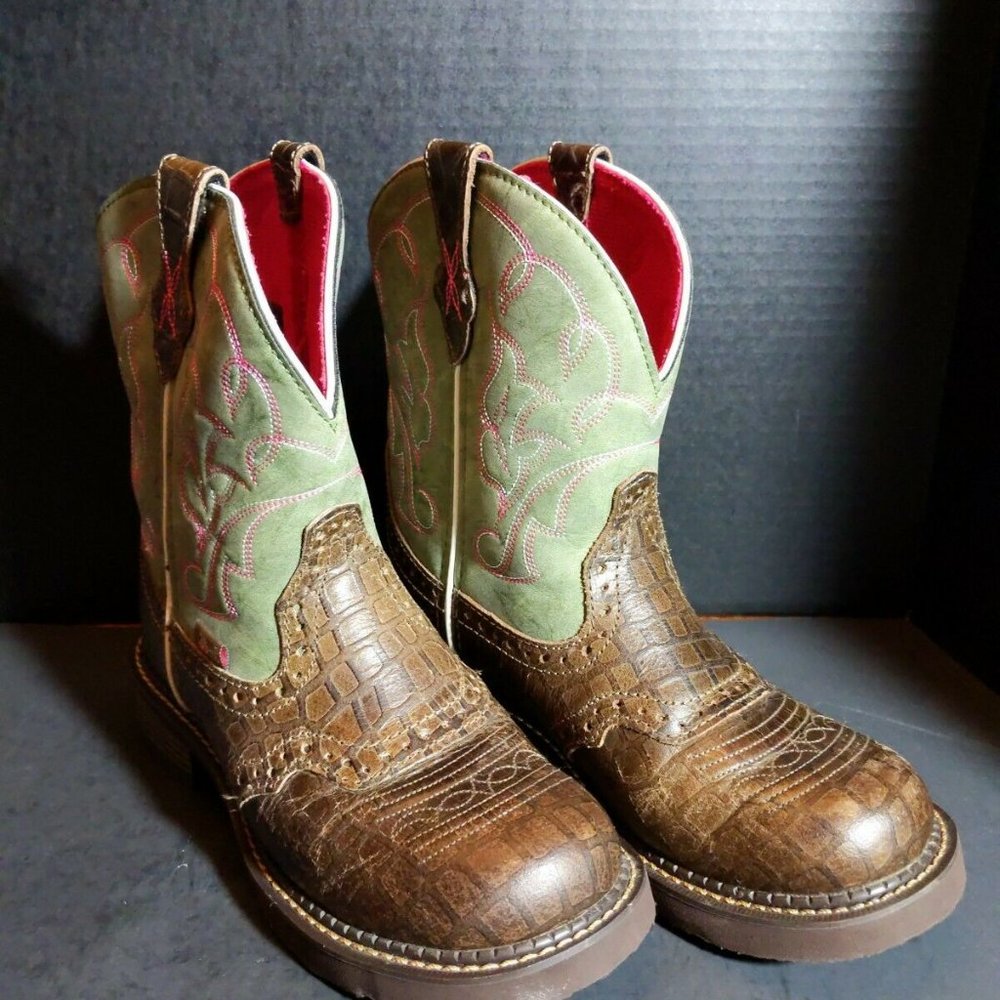 SOLD Justin Ladies Gypsy Gemma Green & Brown Alligator Print Boots 6.5sz